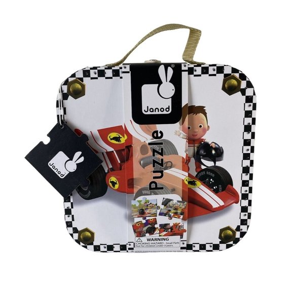 NEW Janod, SET OF 4 Race Car & Boy Jigsaw Puzzles AGES 3-6 Carrying Case - Picture 1 of 11